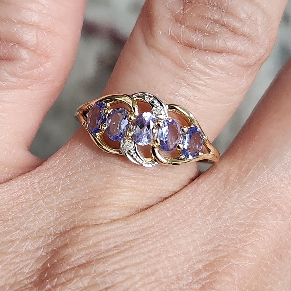 SALE Solid 14K Gold Natural 5 Stone Tanzanite Diamond Ring Sz 7 - Picture 5 of 13